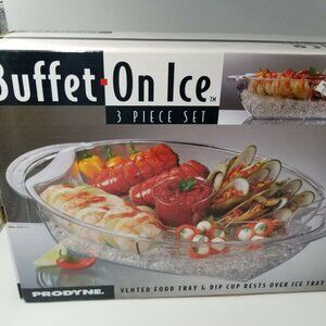 Prodyne Buffet On Ice Vented Food Tray Dip Cup Bowl Crystal Acrylic 3 pc Set